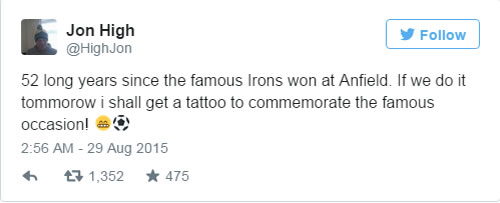 West Ham fan gets tattoo of scoreline after win at Liverpool